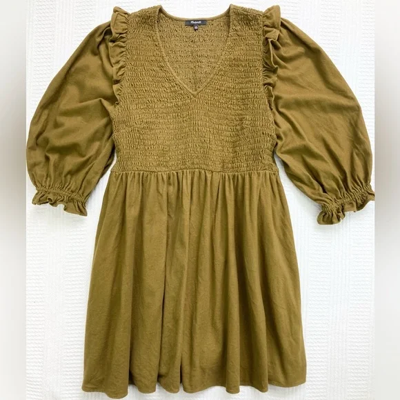 Madewell Dress Flannel Lucie V-Neck Smocked Mini Dress Weathered Olive Size 2X - Picture 3 of 16